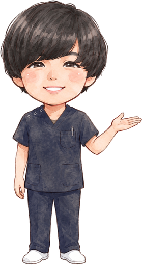 紺のスクラブを着たBTG整骨院のスタッフキャラクターが手のひらで案内している様子
