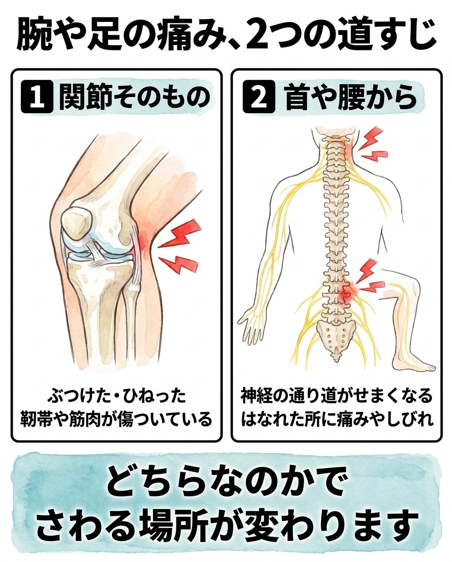 腕や足の痛みの2つの道すじ。ひとつは関節そのものをぶつけたりひねったりして靭帯や筋肉が傷ついている場合、もうひとつは首や腰で神経の通り道がせまくなりはなれた場所に痛みやしびれが出る場合