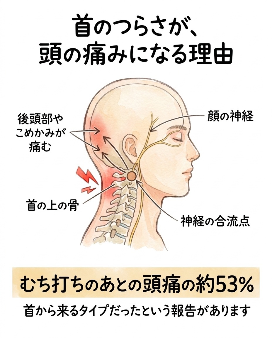 首の上部(C1〜C3)からの信号と顔の三叉神経が、首の上のほうにある神経の合流点で一緒になるため、首のつらさが後頭部やこめかみの痛みとして感じられることを示した図解