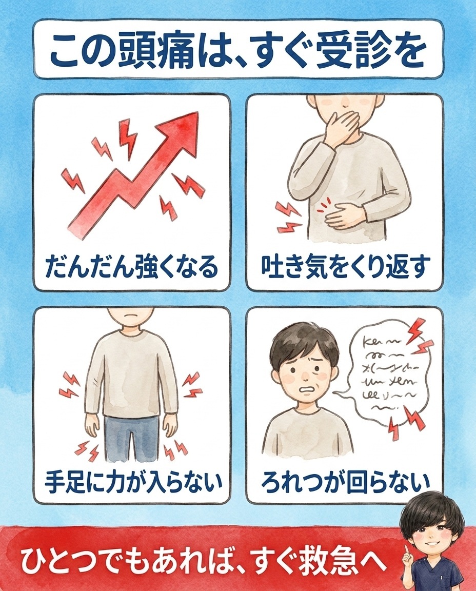 事故後の頭痛ですぐ受診が必要な4つのサイン。だんだん強くなる、吐き気をくり返す、手足に力が入らない、ろれつが回らない
